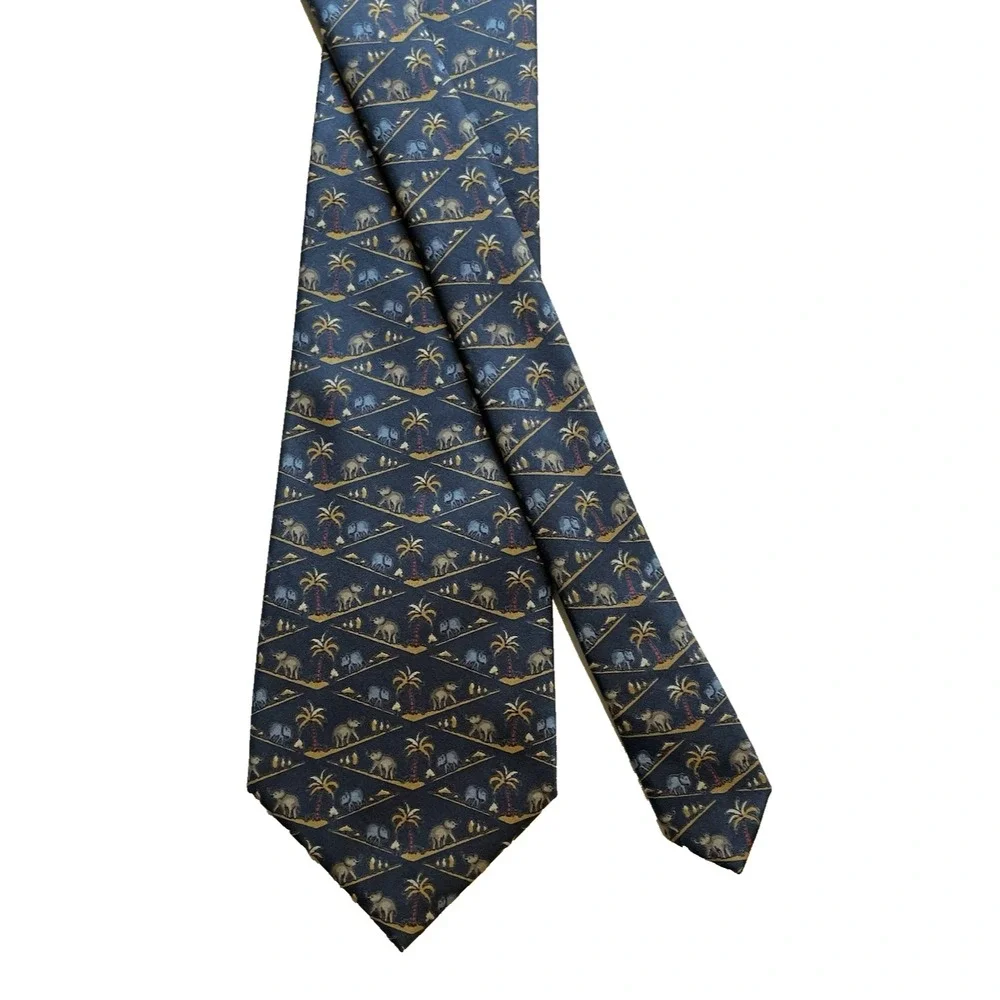 Jim Thompson Silk‎ Mens Tie Elephants Palm Trees Blue Thailand 3.5